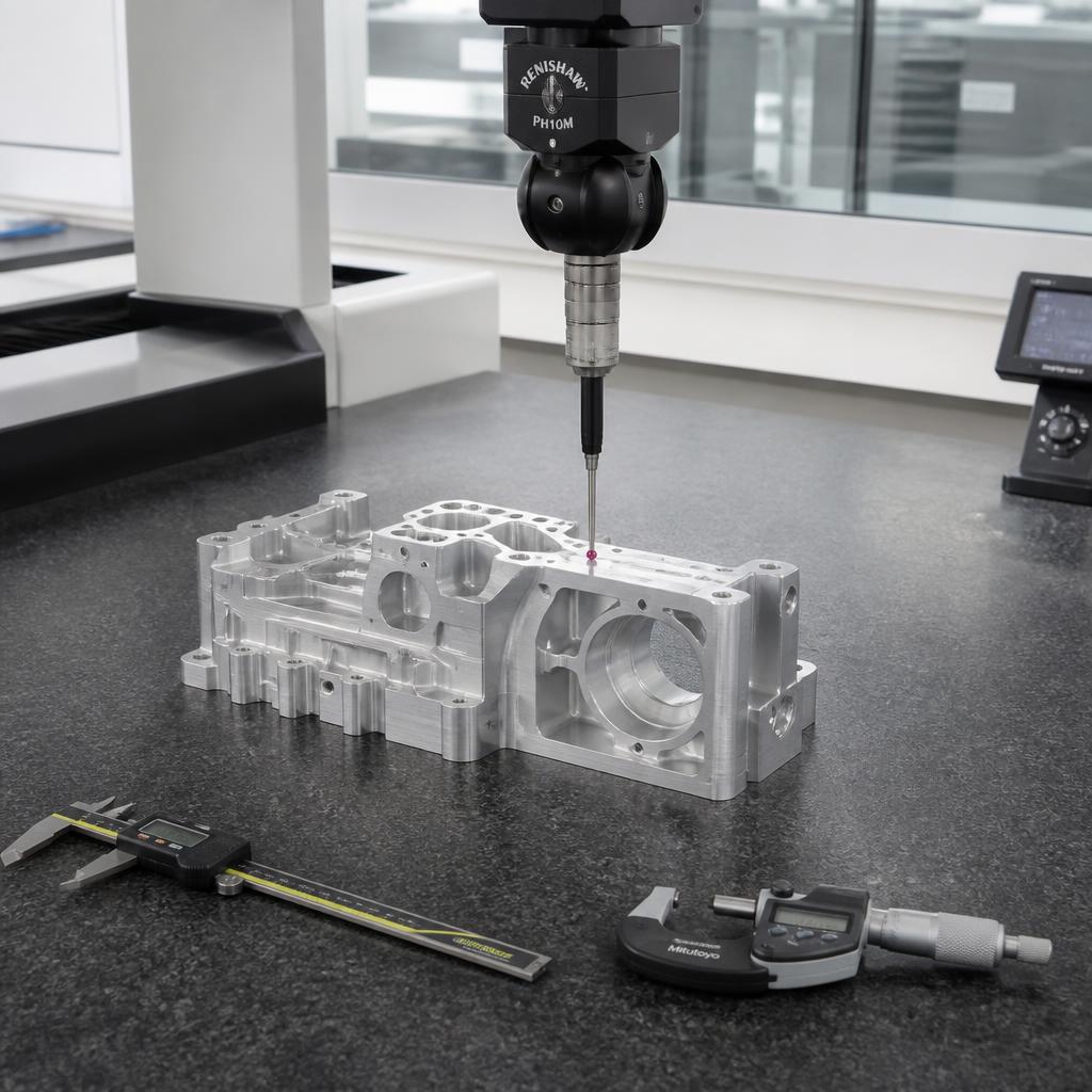 CMM probe inspecting a machined aluminum housing on a granite plate