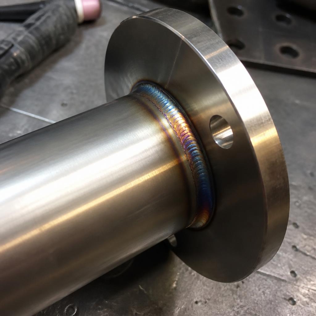 Finished TIG weld bead on a stainless pipe-to-flange joint
