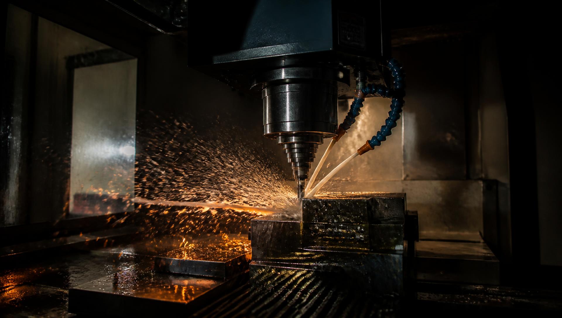 CNC machine cutting steel with coolant spray and hot chips